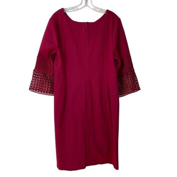 Talbots V-Neck Wine Sheath Midi Dress Crochet Lace Bell Sleeves (Size 16WP) - Picture 3 of 12
